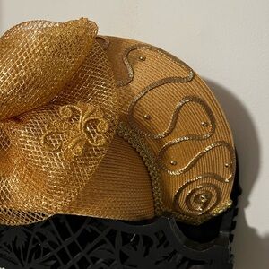 Bright Gold Church Derby  Hat Wedding Tulle Vtg